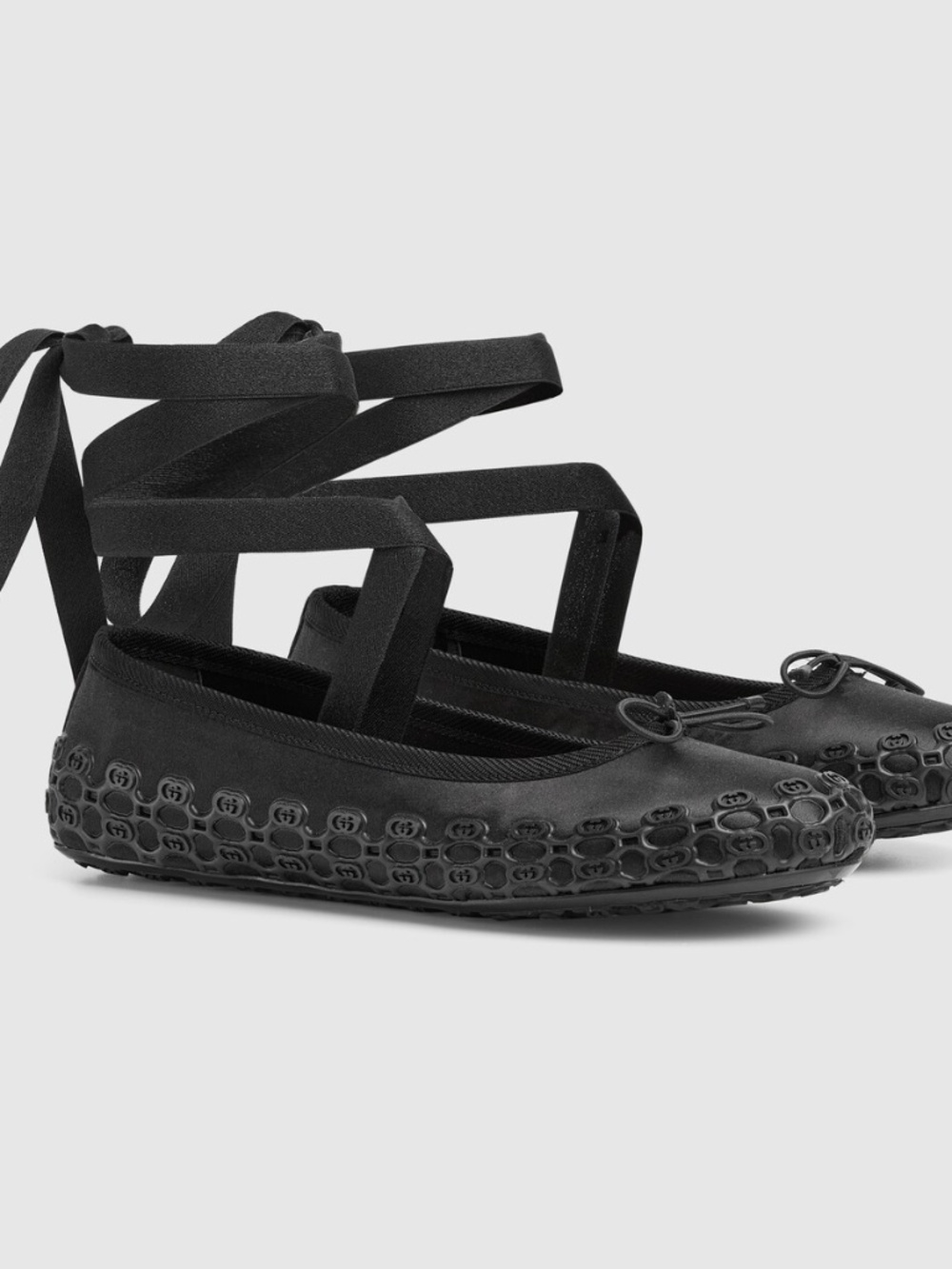 Gucci Women's Ballet Flat Satin Ankle Wrap Black Ballerina size 37.5eu 7.5 US